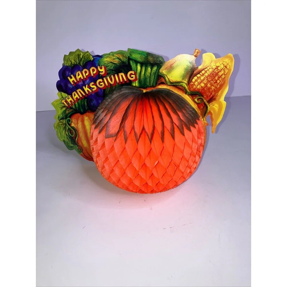 Happy Thanksgiving Honeycomb Crepe Paper Pumpkins Lot Of 2 Centerpieces